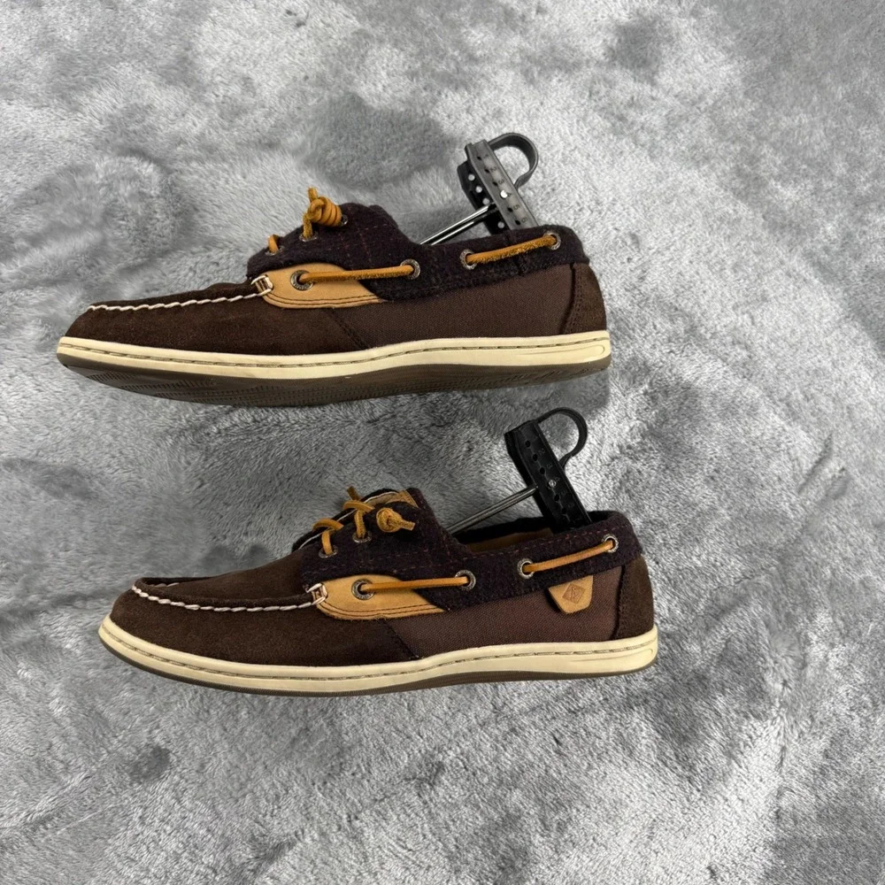 Sperry Top-Sider Women 9 Brown Suede Wool Boat Shoes Burgundy Mixed Preppy Fall
